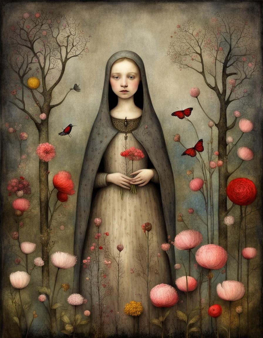 little medieval Garden in full bloom with vivid colours, in ...