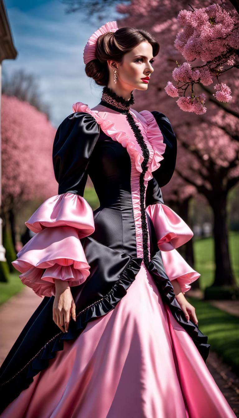 Victorian Woman in Pink and Black Satin Dress
