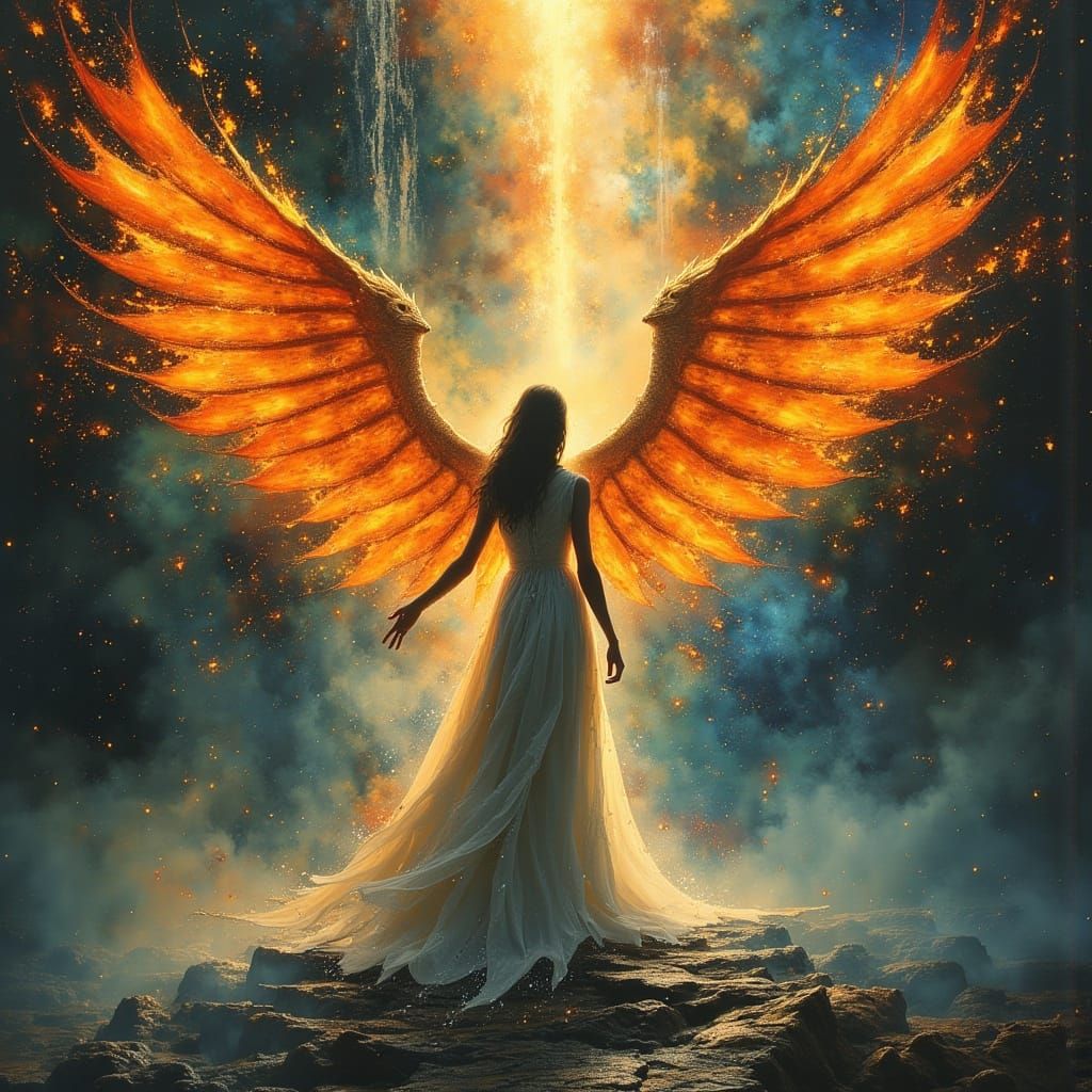 Angelic Woman with Fiery Wings in Cosmic Galaxy