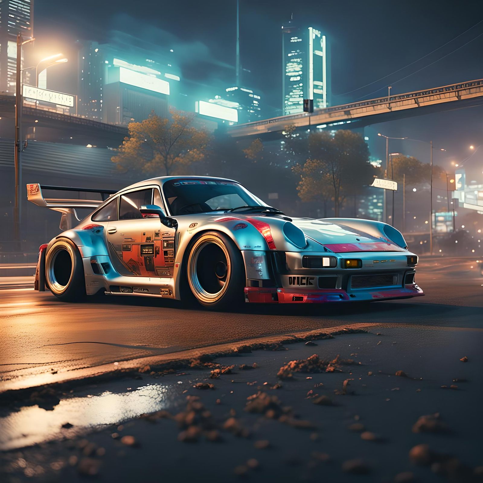 Cyberpunk Porsche 959 Race Car on Roadside