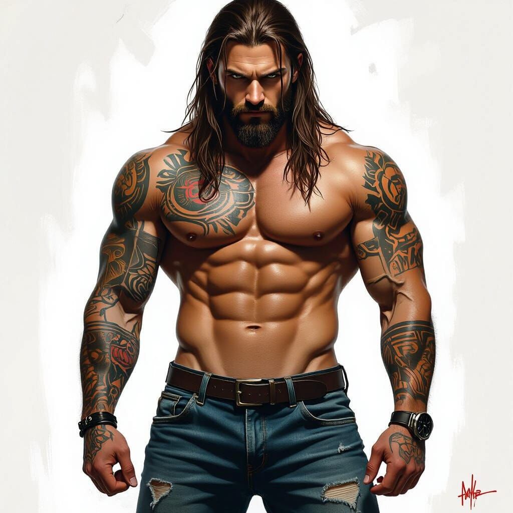 Tattooed Man with Ripped Jeans in Digital Art Style