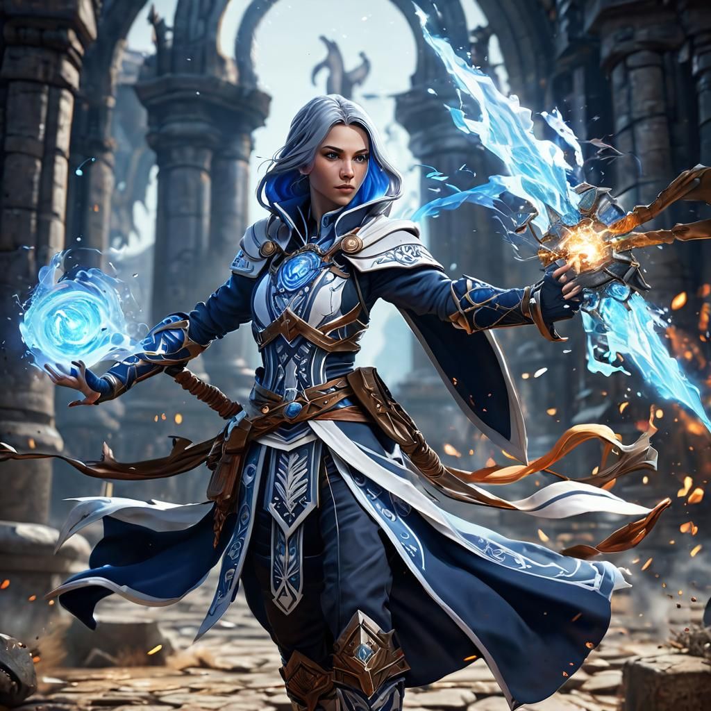 Female Mage Battles Raid Boss in Fantasy Art