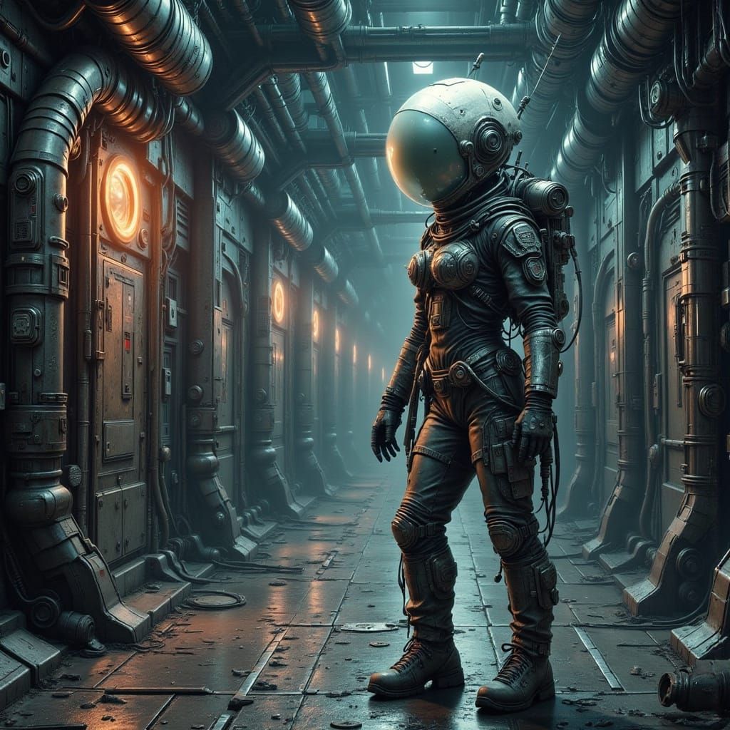 Astronaut Surrounded by Ominous Starship Interior in Industr...