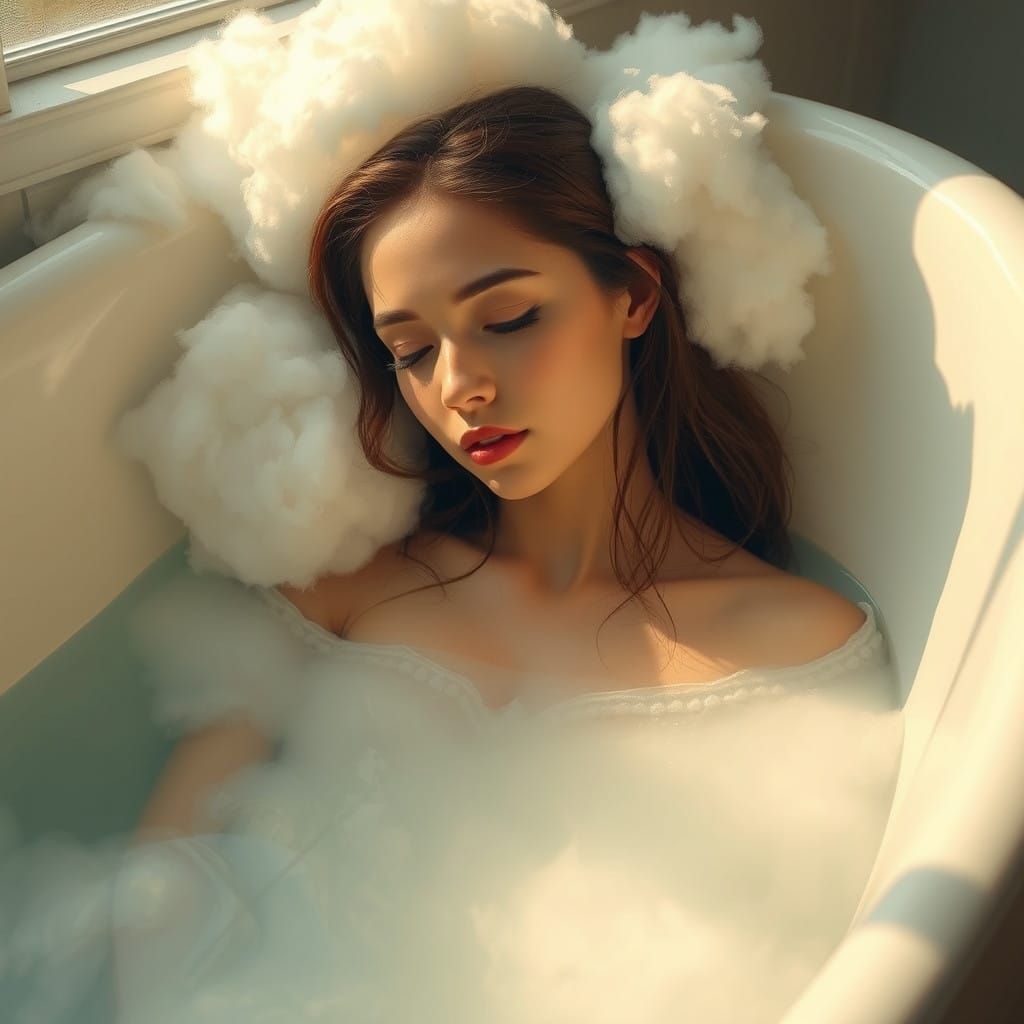 Dreamy Woman Surrounded by White Clouds in a Vintage Bathtub
