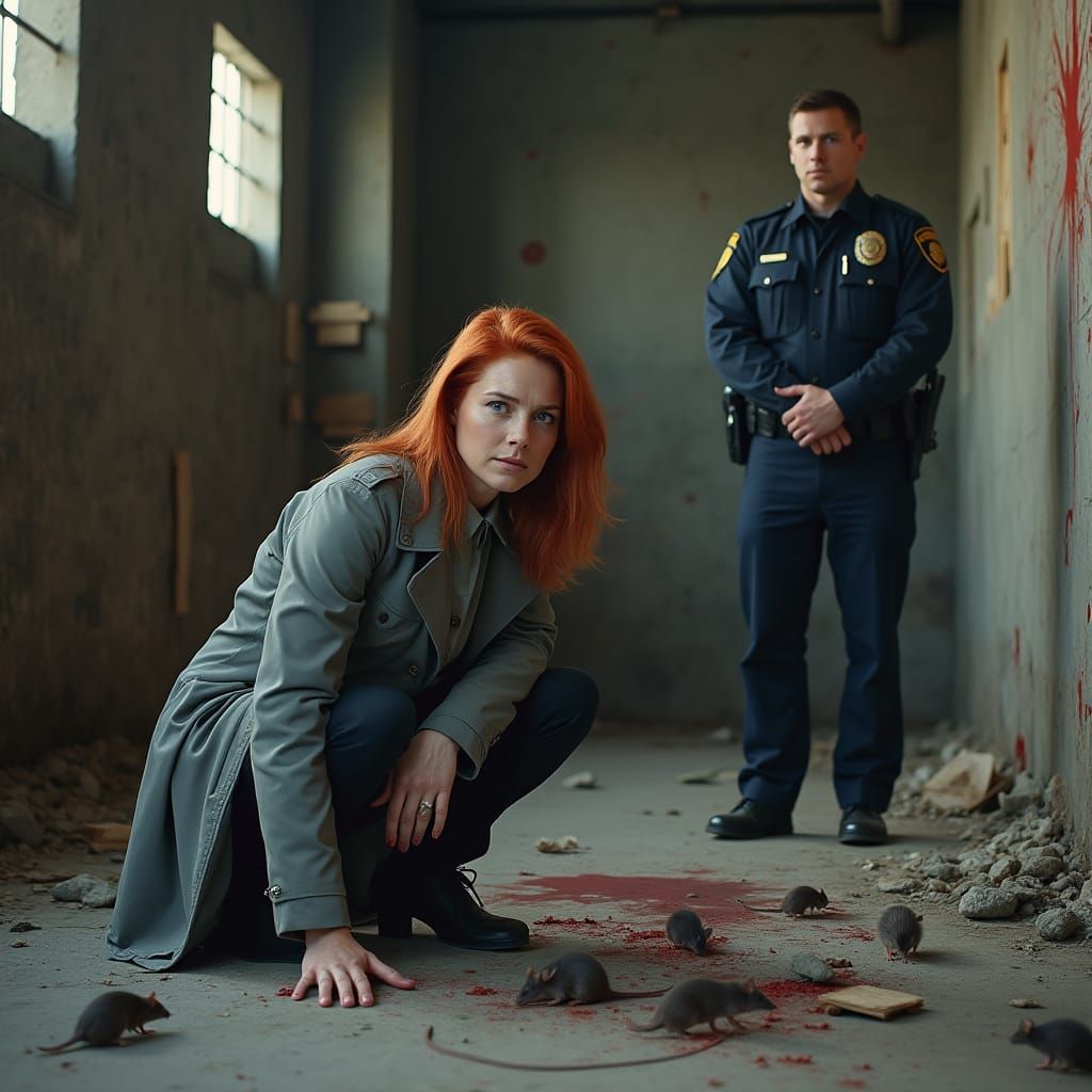 Realistic Photo of Woman at Crime Scene in Warehouse