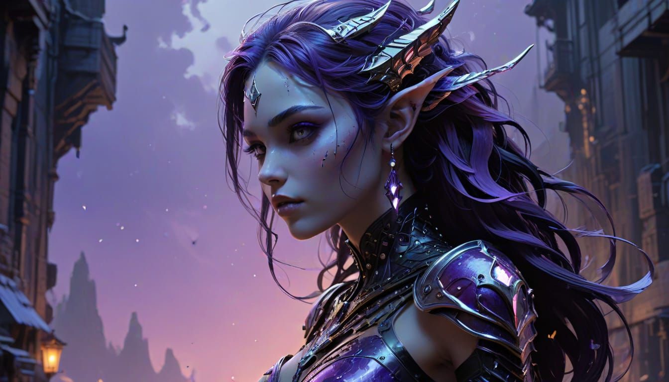 Ethereal Dark Elf Maiden in Violet Hues