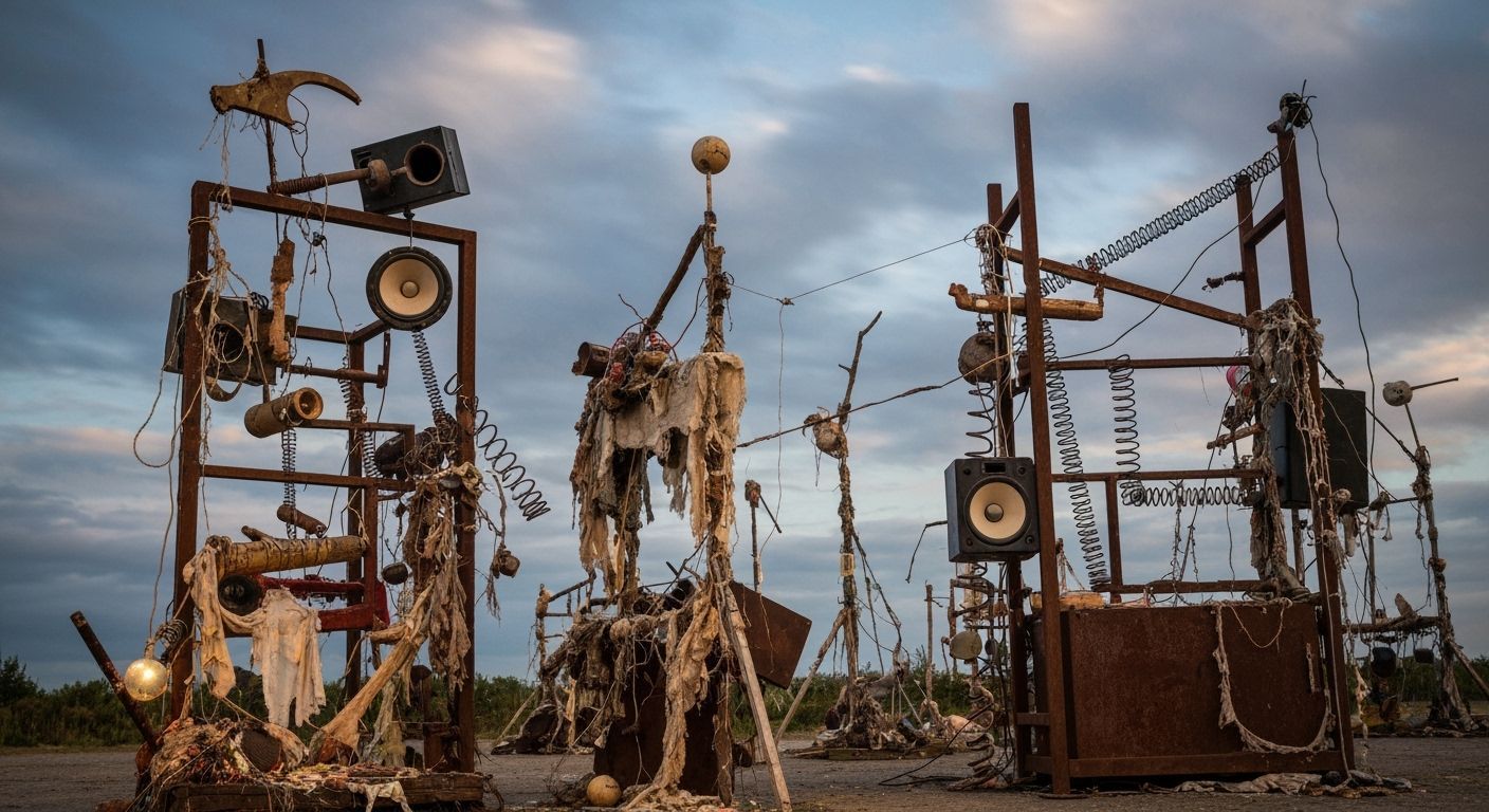 Kinetic Sound Sculpture in Outsider Art Style