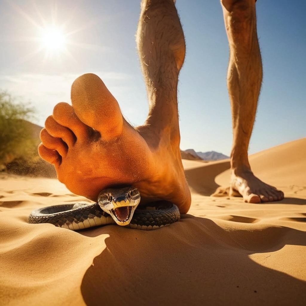 Man Steps on Snake in Desert Scene