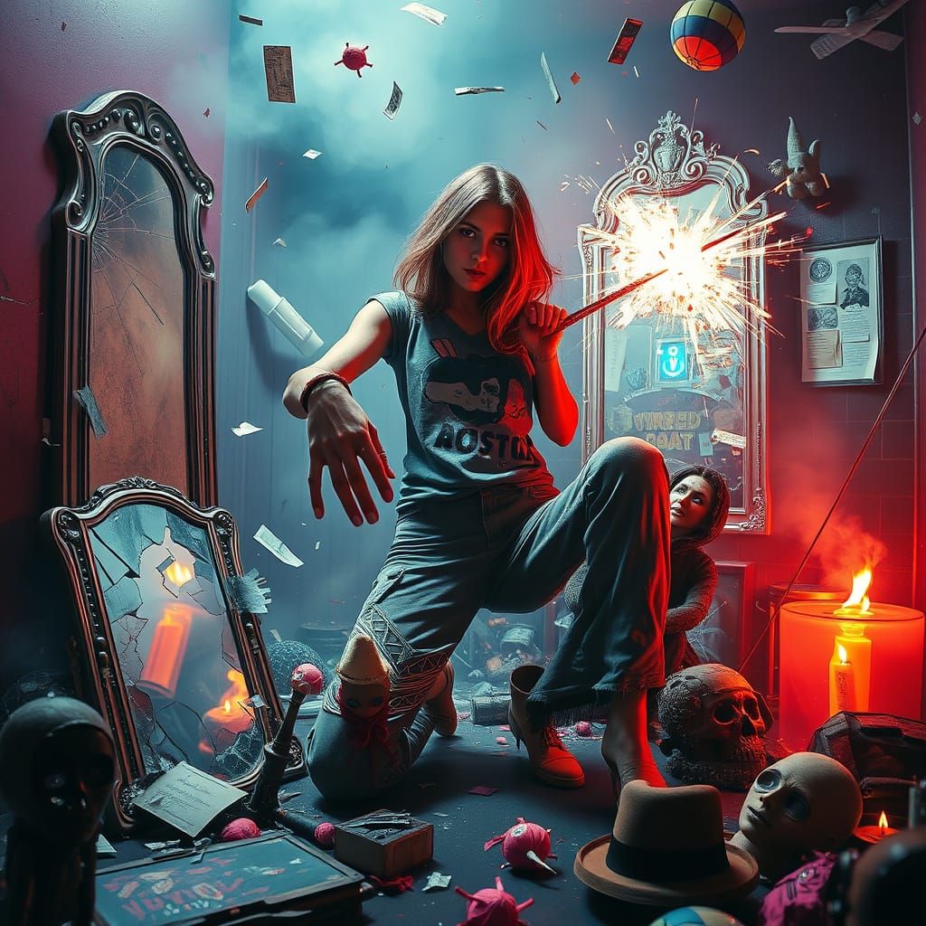 Woman Smashing Voodoo Dolls in Blockbuster Style