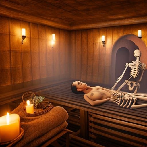 Skeleton Massage in Sauna: Digital Matte Painting