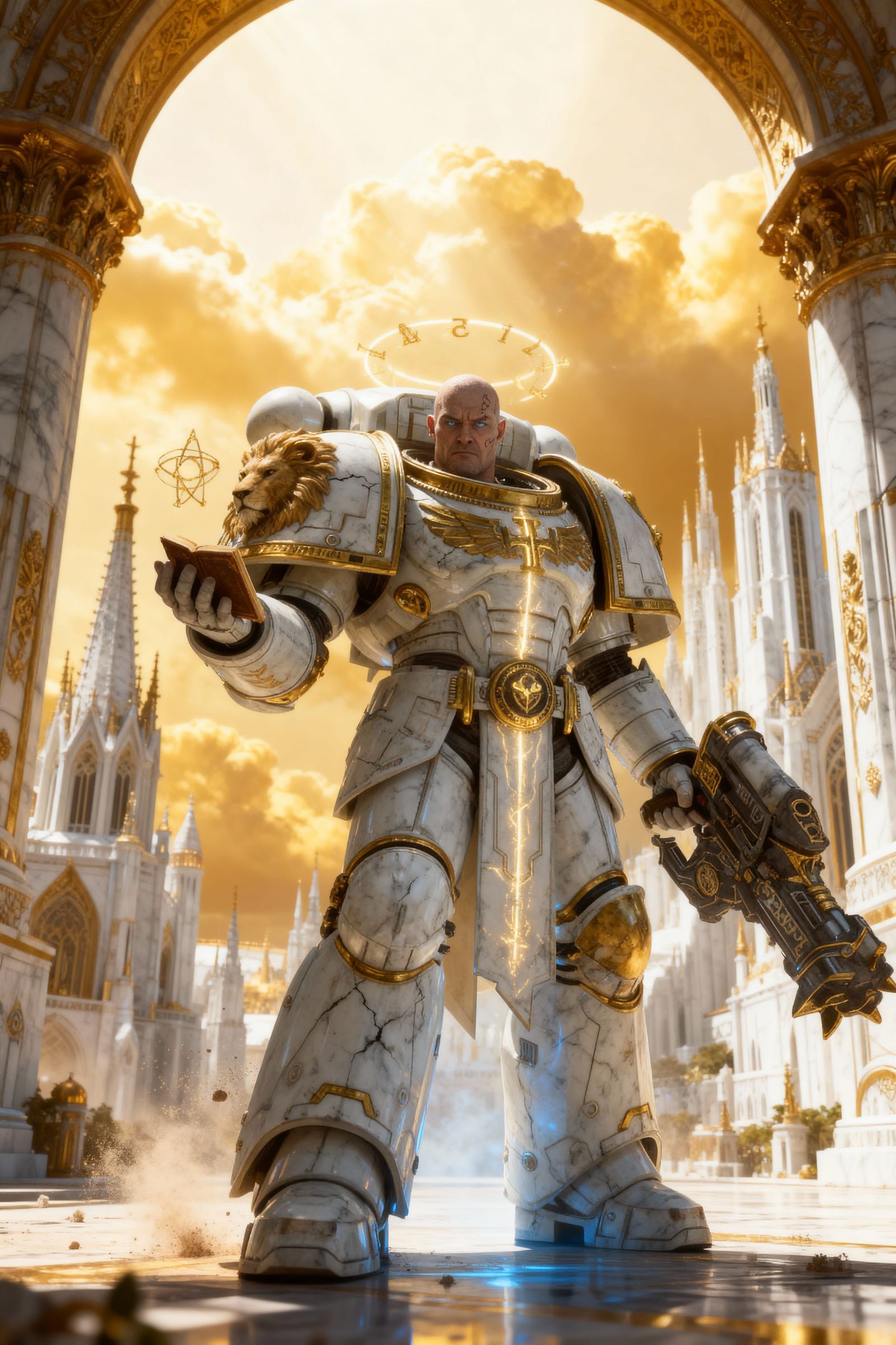 Colossal Primarch on Golden Clouds in Divine Armor