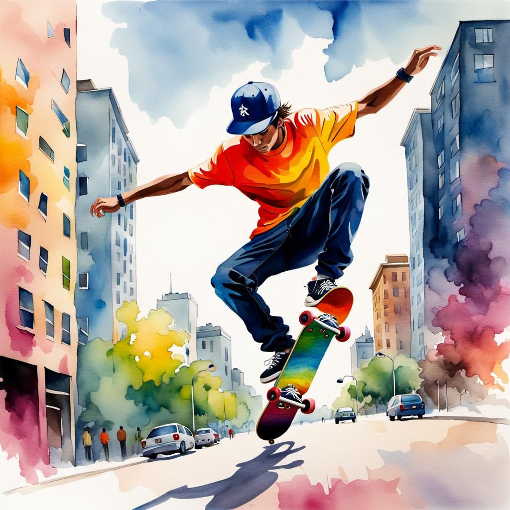 Skateboarder Mid-Kickflip in Colorful Watercolor Style