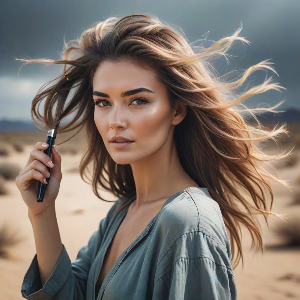Windswept Woman Brushing Hair, Dusty Atmosphere
