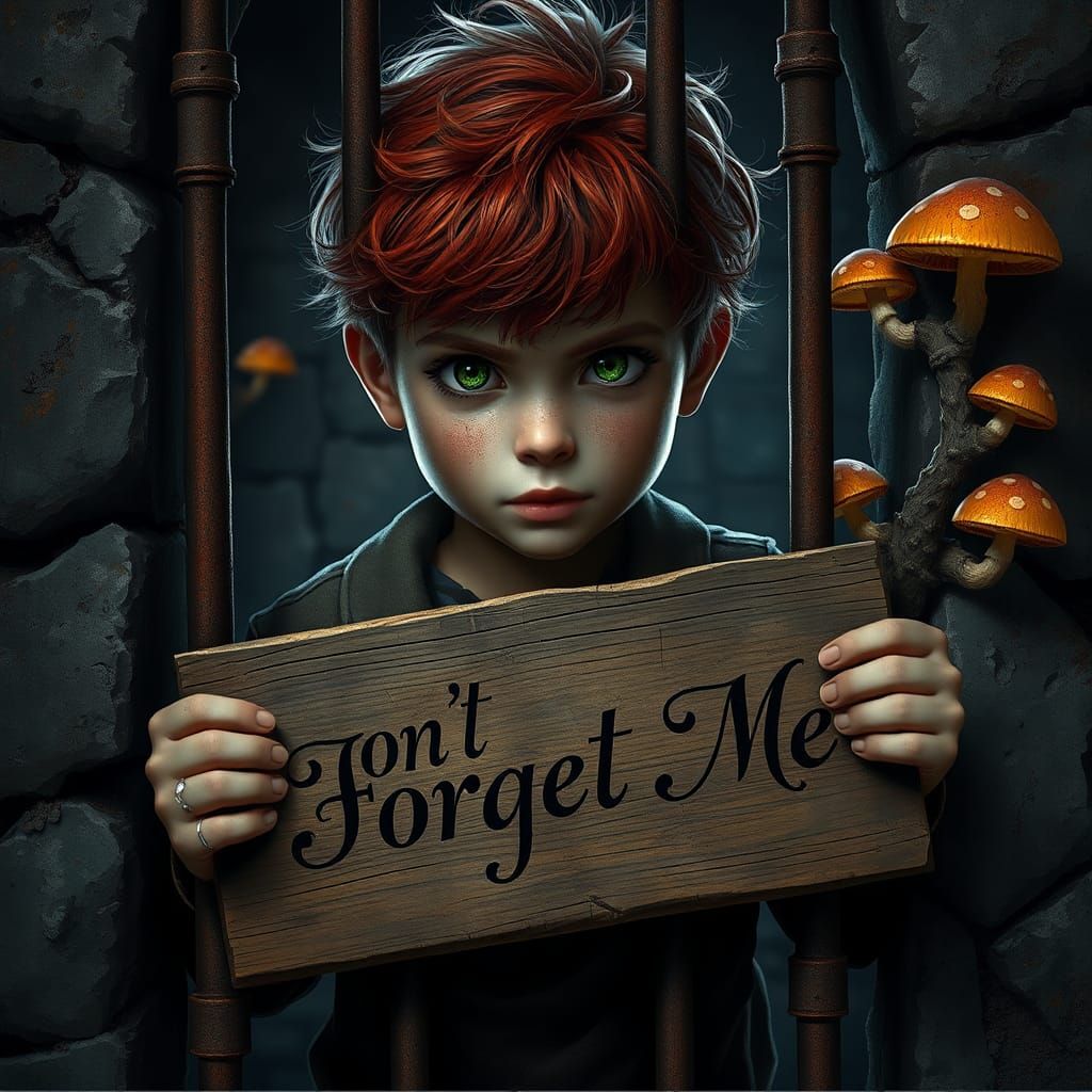 Boy Behind Bars Holds Sign in Fantasy Art