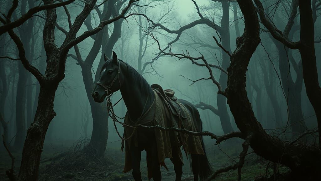 Horseman in Dark Forest: Necropunk Oil Painting