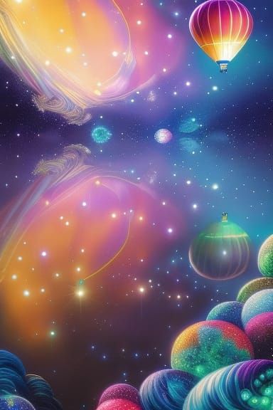 Hot Air Balloon in Space with Glowing Crystals