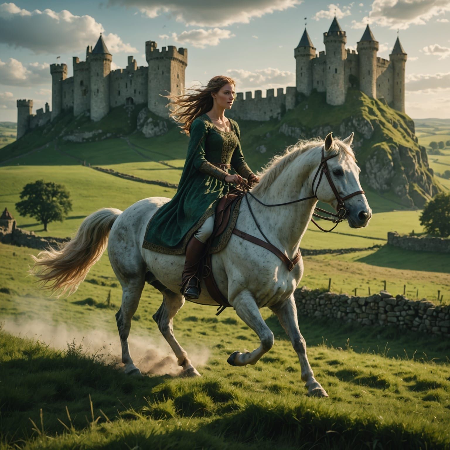 Medieval Woman Gallops Through Pastureland Near Fortress