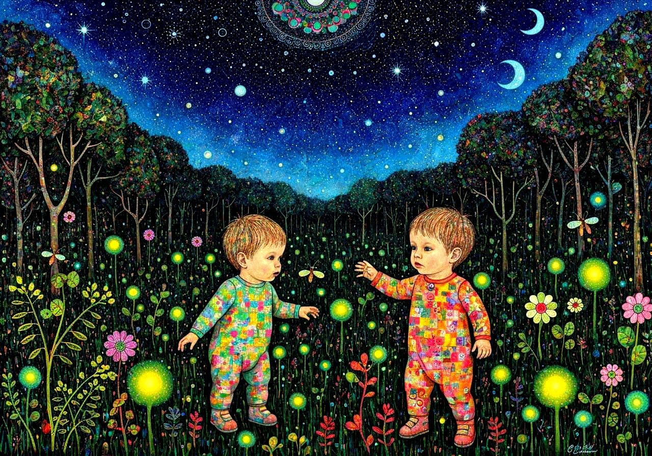 Bioluminescent Glade: Toddlers Under Starry Skies