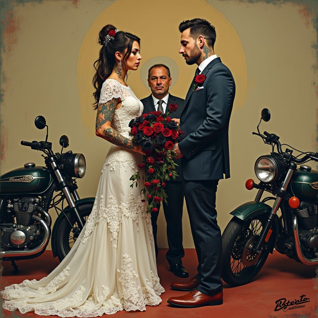 Tattooed Couple's Vows Near Vintage Motorbikes