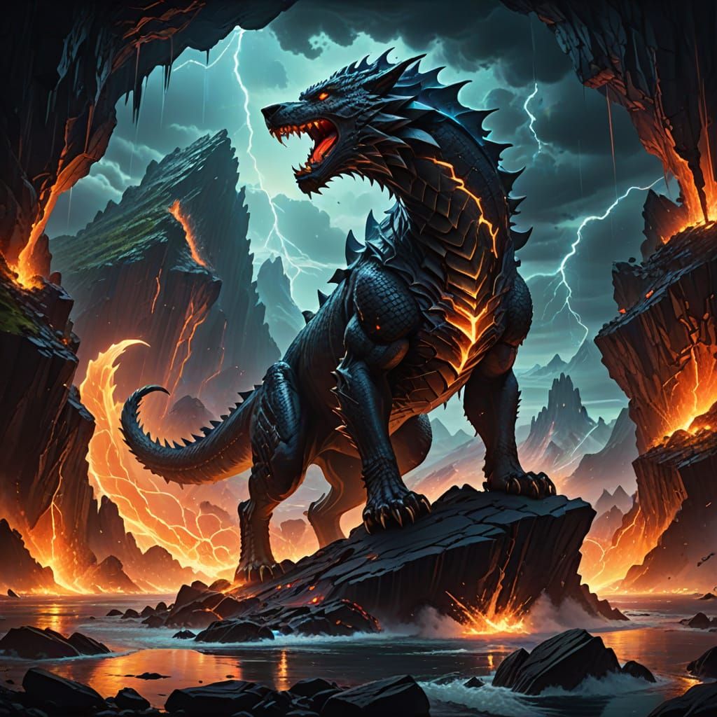 Epic Fantasy Scene with Dragon, Warrior, and Lava Rivers