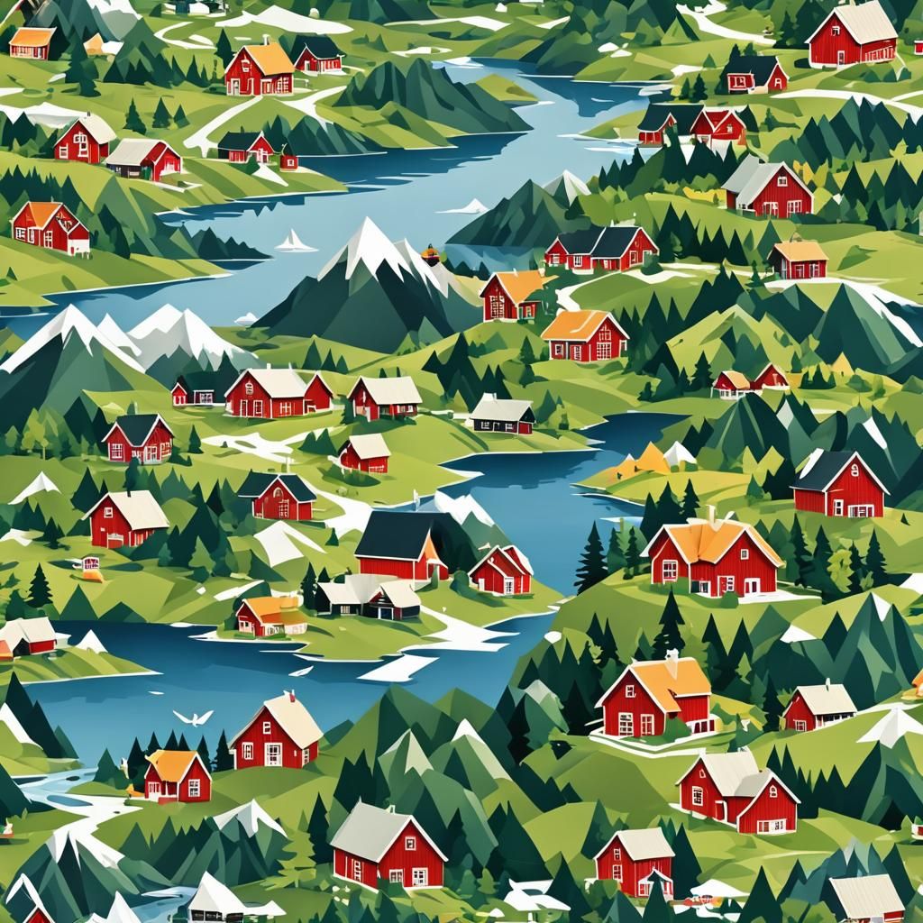 Origami Style Norwegian Fjord Landscape