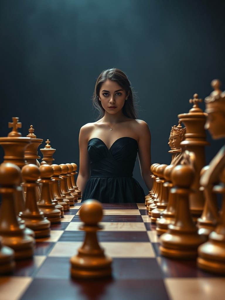 Giant Chessboard Scene with Elegant Woman in Evening Dress