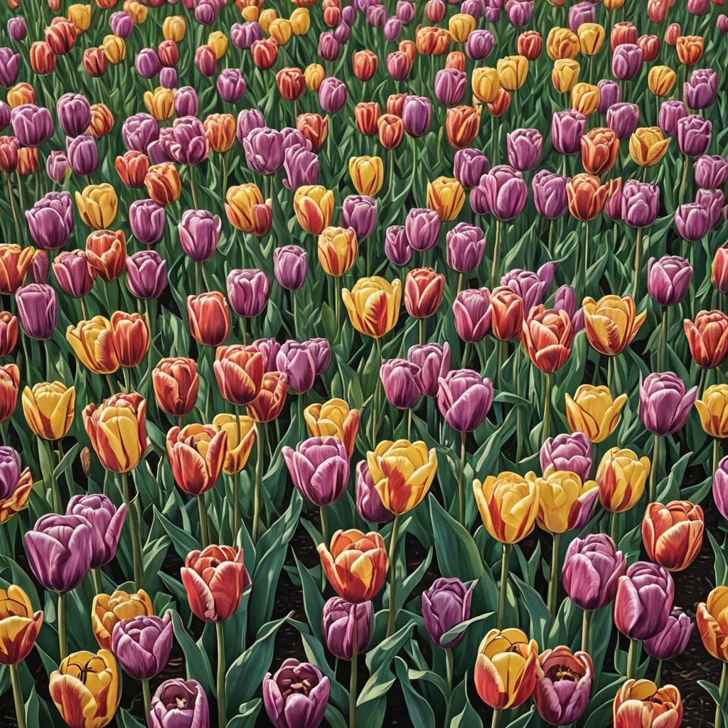 lines of tulips in a field. The lines are sorted by color. The tulips are all colors.