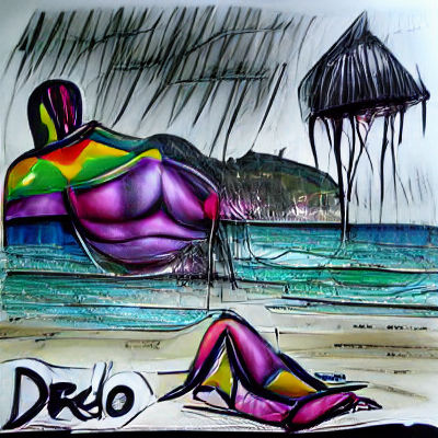 Minimalist Beach Scene in Rain