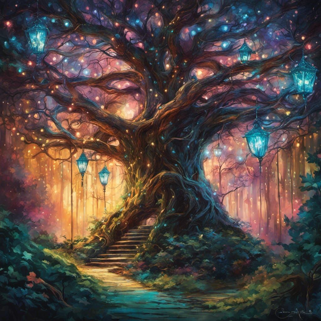 Enchanted Tree in Iridescent Fairy Forest