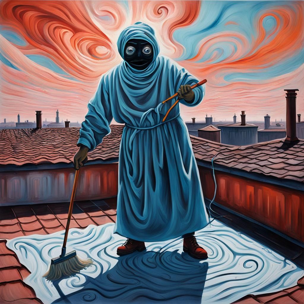 Surrealist Boy Ghost Levitating on Rooftop, Gouache Style