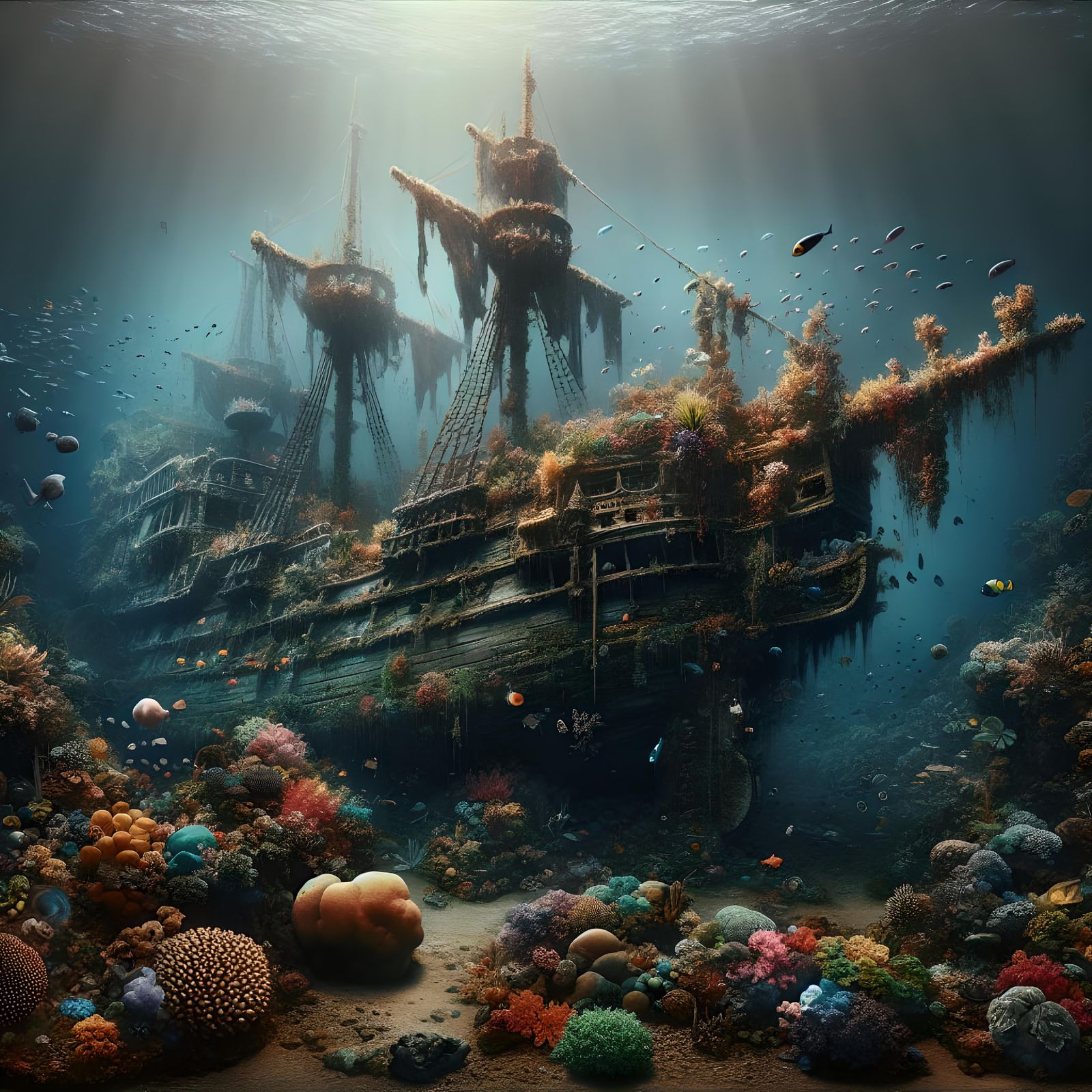 Underwater sunken shipwreck of a Spanish galleon