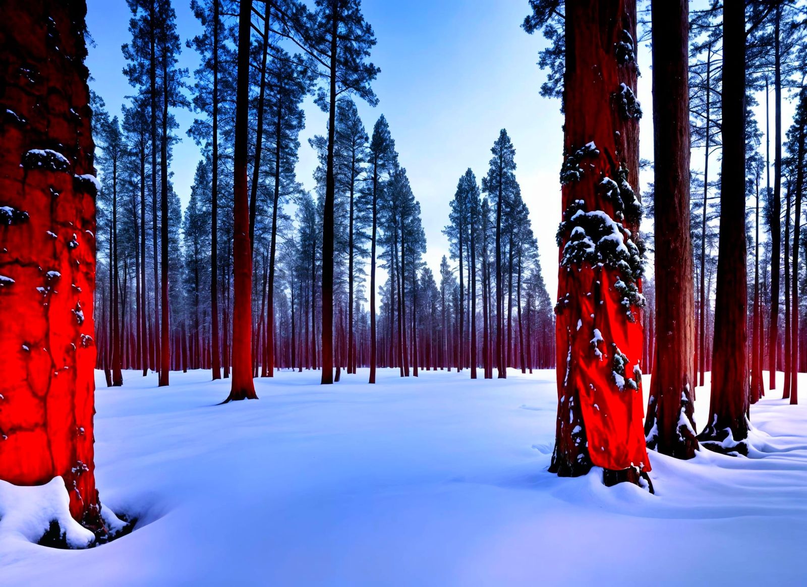Red Couch in Winter Forest: Cinematic Photorealistic Scene