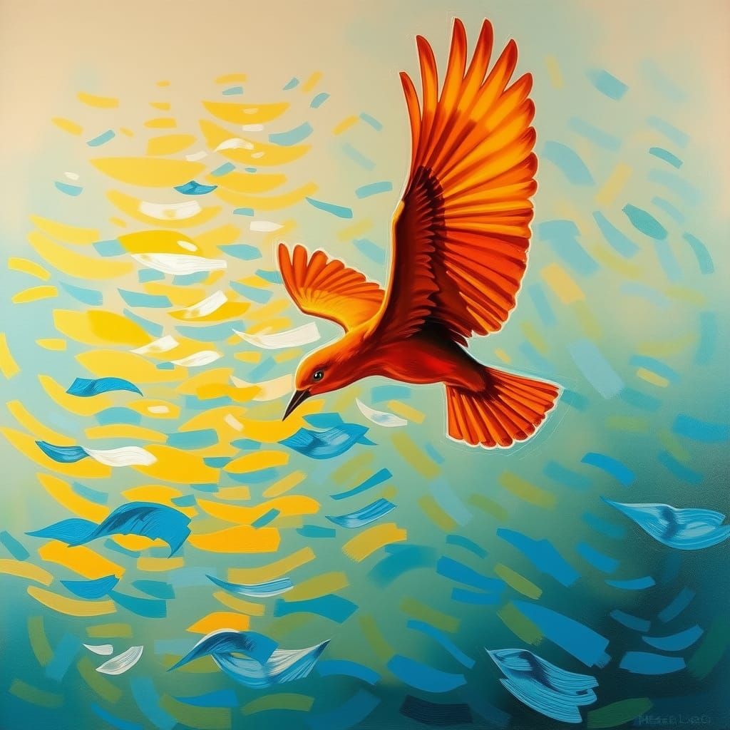 Orange Bird Soaring: Expressionist Acrylic Painting