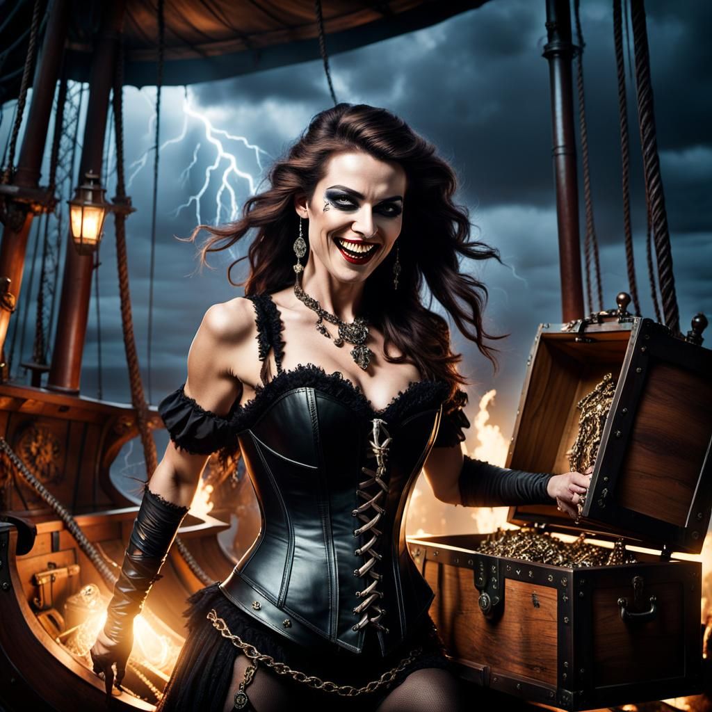 Pirate Woman with Dagger in Corset on Ship