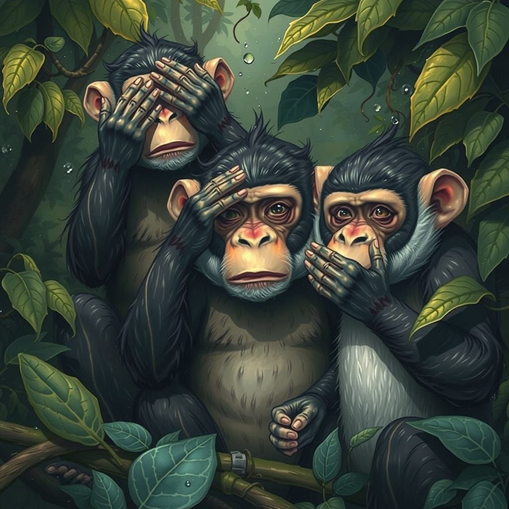 Three Wise Monkeys in Jungle, Expressive Art Style