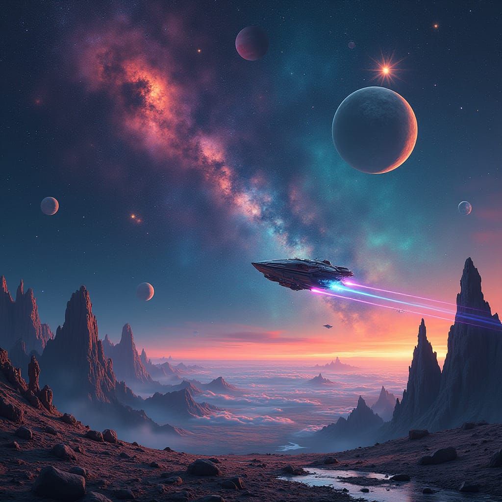 Cosmic Landscape with Spaceship in Futuristic Style