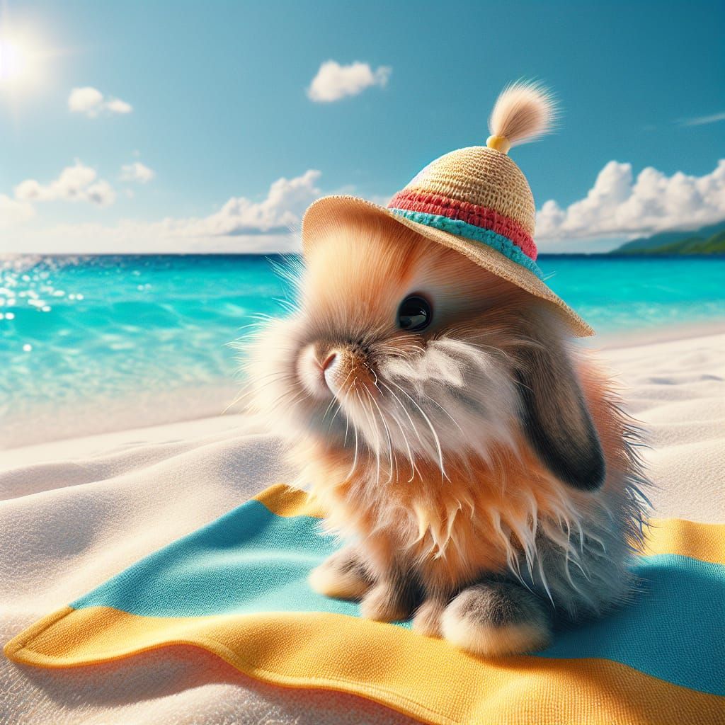 Cute Bunny Soaks Up Sunshine on Beach