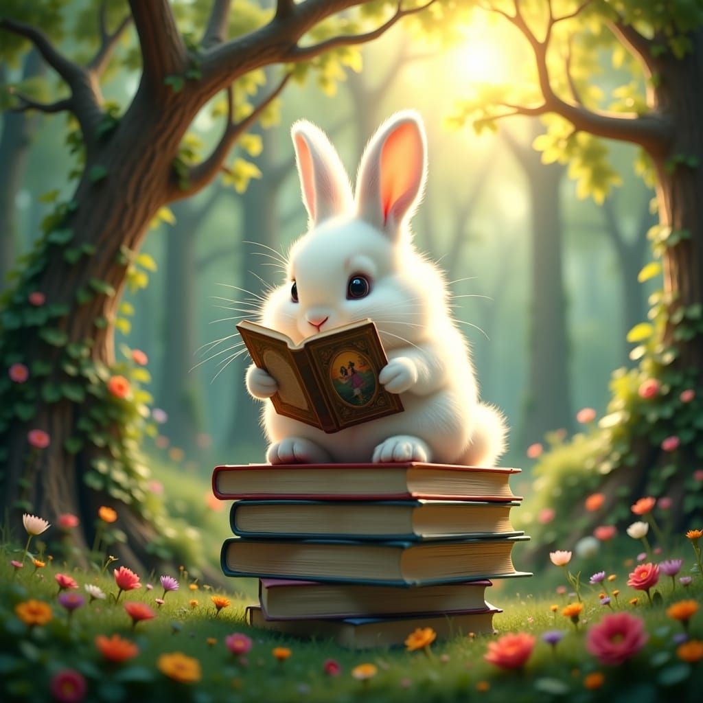 Whimsical Forest Bunny Reads Alice in Wonderland