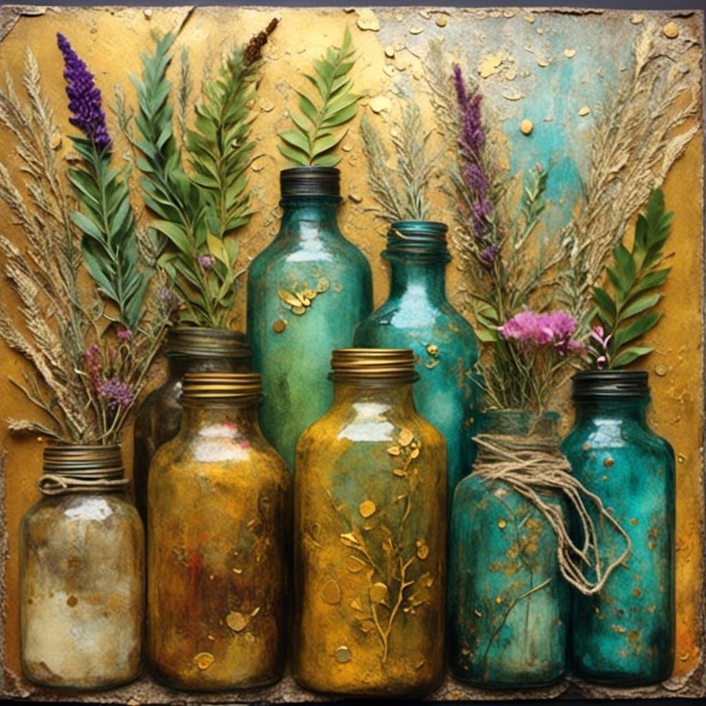 Encaustic Art Journal Page with Colorful Herb Jars