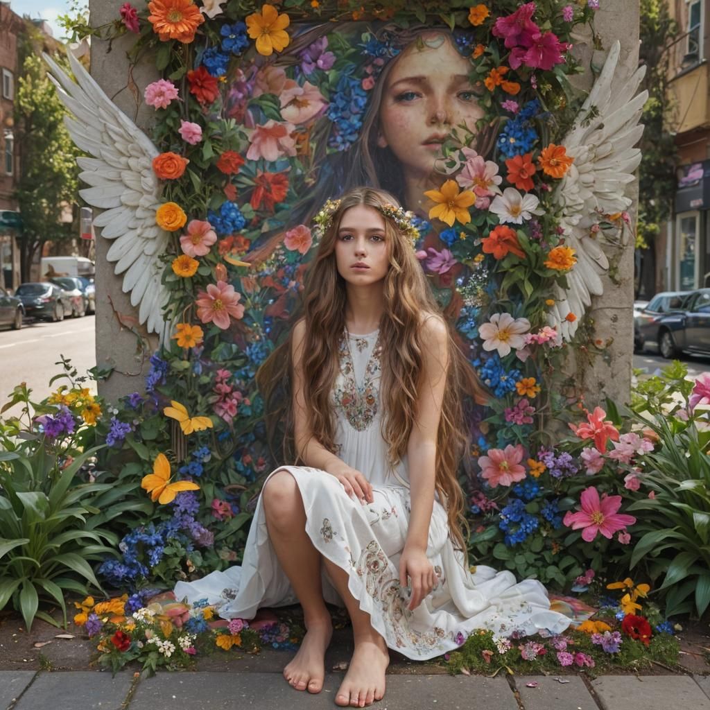 Angelic Youth Amidst Vibrant Garden Flowers