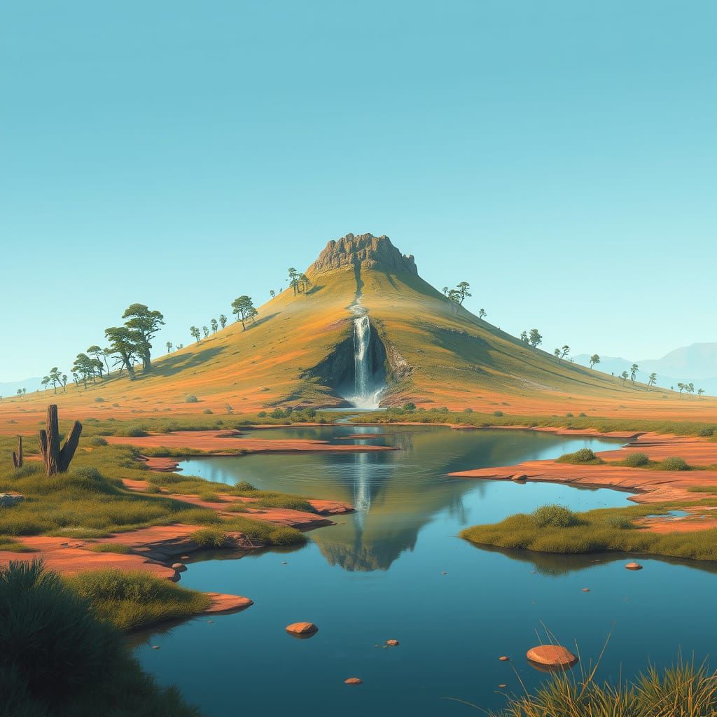 Flat Planet Waterfall Landscape, Digital Painting