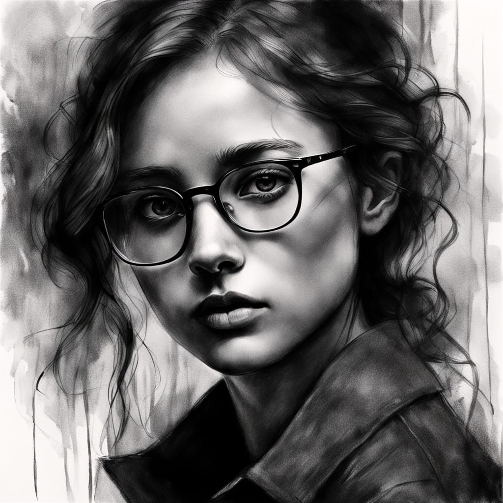 Sensual Redhead Woman with Intense Gaze, Charcoal Drawing