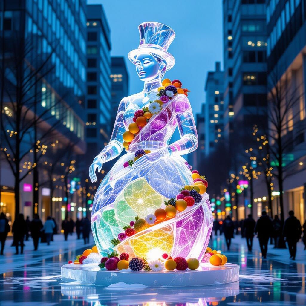 Shimmering Ice Sculpture in Metropolis with Kaleidoscope Col...