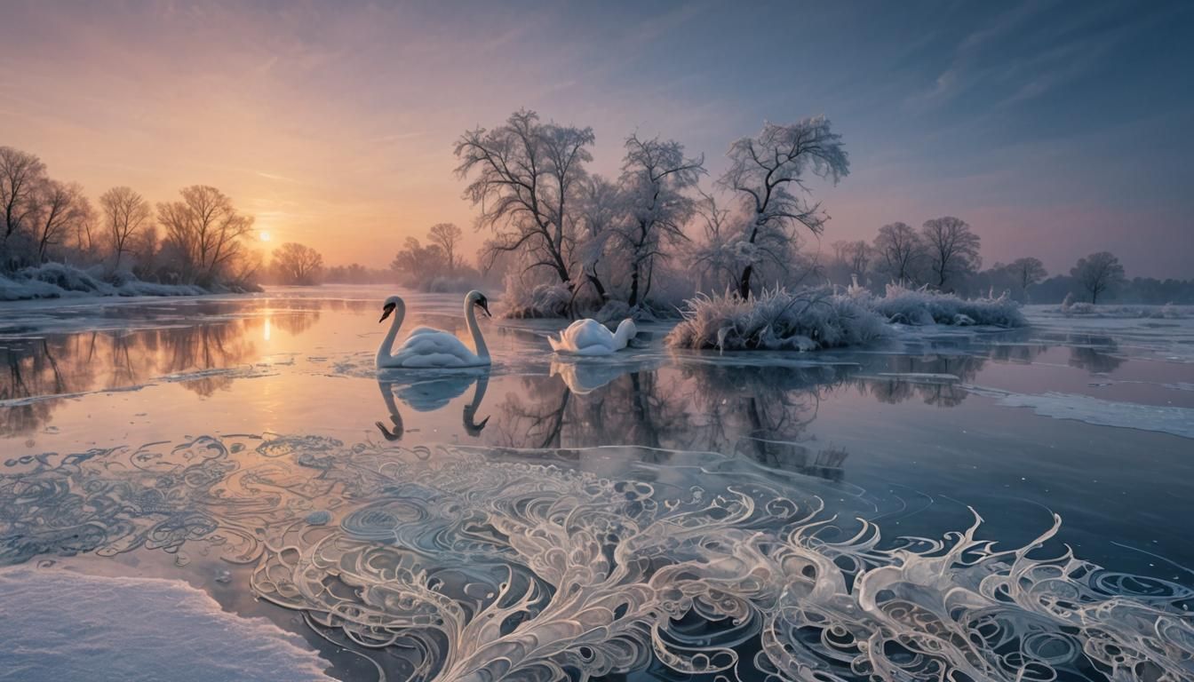 Swans in Misty Landscape: Abstract Watercolor Painting