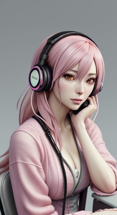 Anime-Inspired Portrait of Woman with Pink Hair