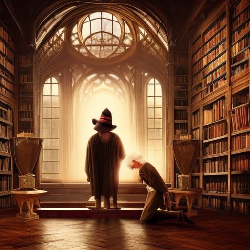 Epic Wizard in Library with Kneeling Girl