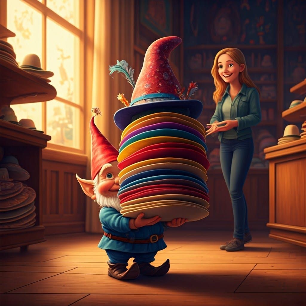 Gnome with Hats for Customer, Fantasy Illustration