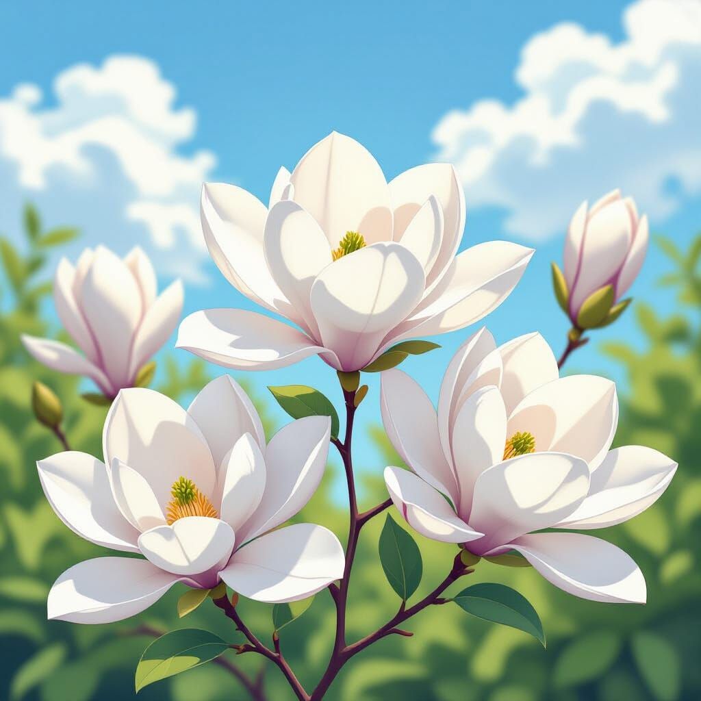 Magnolia Flowers Bloom in Watercolor Garden Style