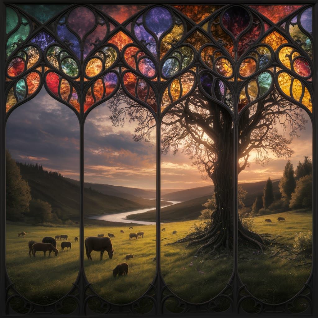 Blend new age gothic bucolic scene, river, hills, grass, sun, sky, tree, animals stained glass, 3d blender emboss, debos...