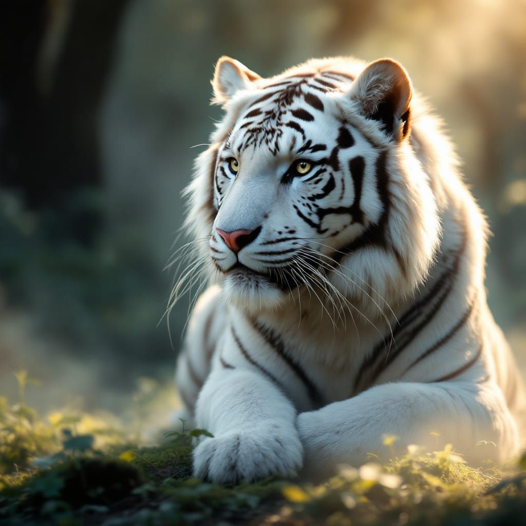 Majestic White Tiger in Misty Forest Sunlight